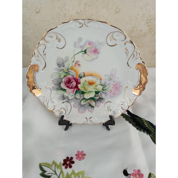 Vintage Porcelain Handled Dish with Cut-outs Edge Florals with Guilt Trim 8.5" - Picture 1 of 7